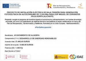 Proyecto de instalación eléctrica de baja tensión para generación fotovoltaica en autoconsumo de 13,50 KWp para el CEIP Miguel de Cervantes en Algorfa (Alicante)